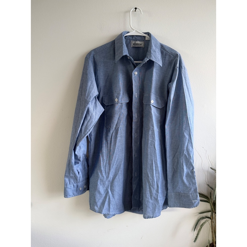 Vintage Roebucks Mens Blue Chambray Work Shirt Perma-Prest Made in USA Large